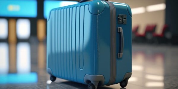 Blue luggage suitcase for travel and tourism. Departure bag for journey and transport at the airport. Generative ai